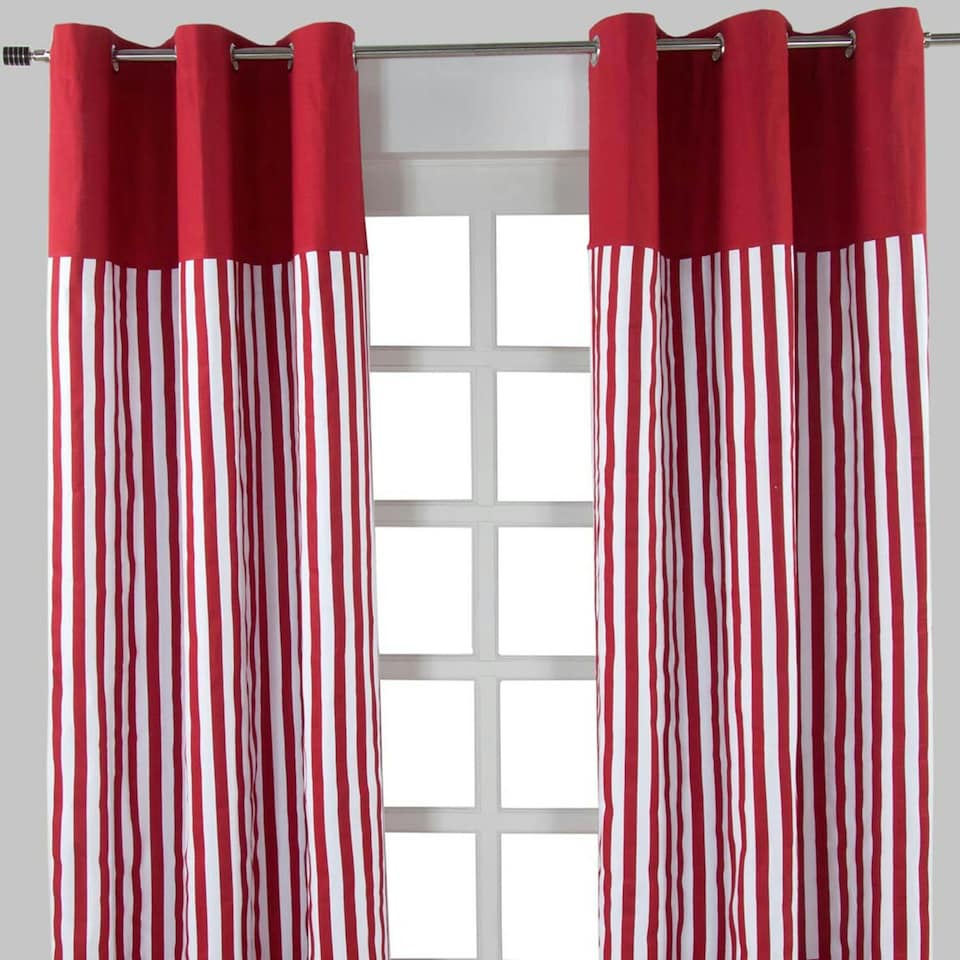image 1 of Homescapes Thick Stripe Ready Made Eyelet Curtain Pair - 137 x 228 cm Drop | Red | Red