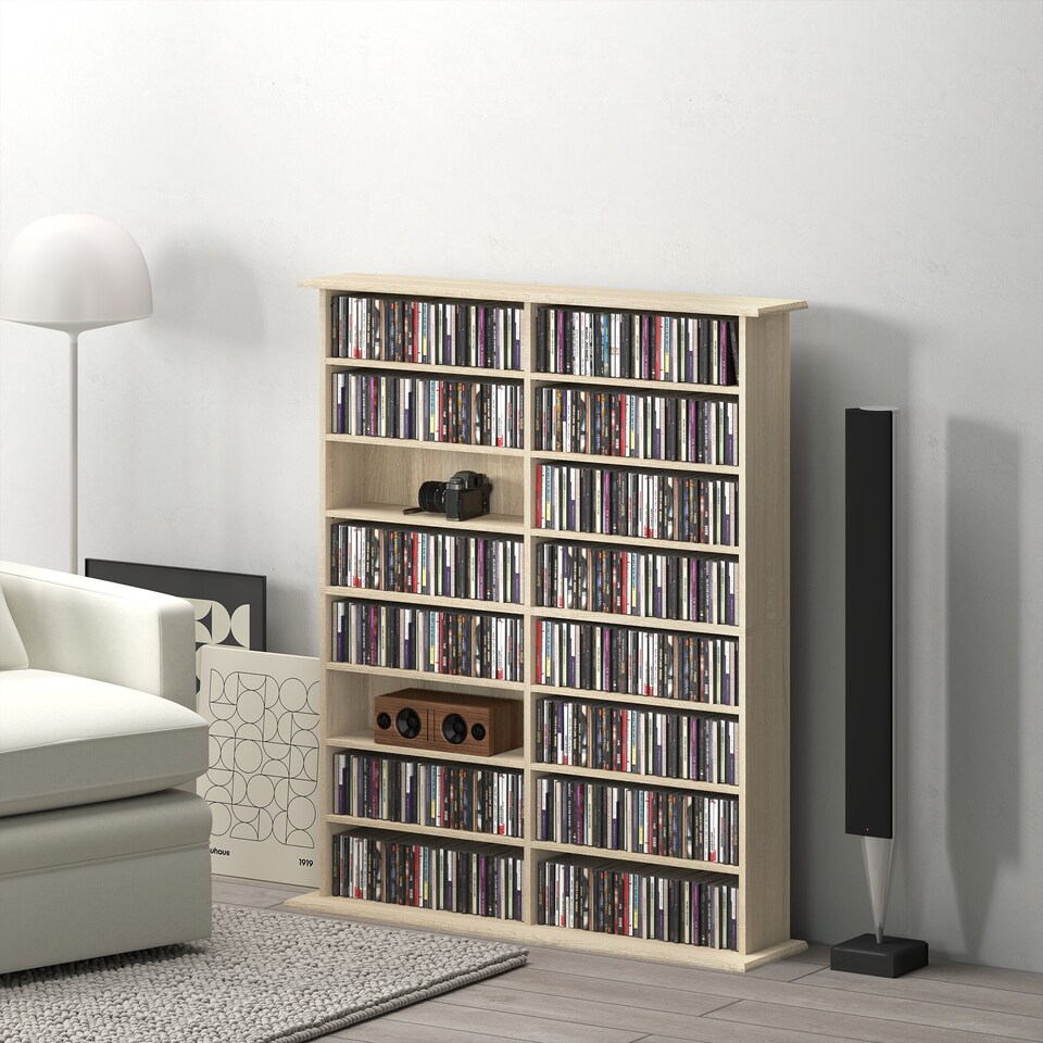 image 1 of HOMCOM 720 CD396 DVD Storage Unit, 396 Blu-ray Media Storage Shelf with 16 Compartments and 12 Adjustable Shelves, CD Tower for Living Room, Bedroom, Office, Nature Wood Finish | Brown