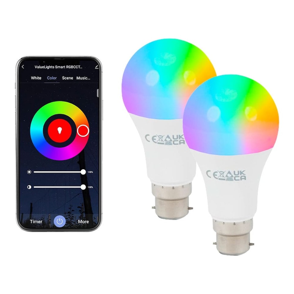 image 1 of ValueLights 2 Pack Smart B22 GLS LED 9W Multi RGB 6500K Light Bulbs