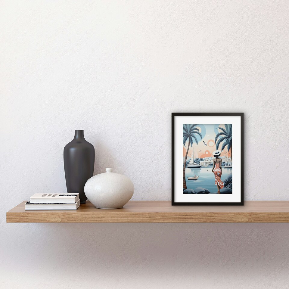 image 1 of French Riviera Palm Tree Boats Coastal Landscape 9x7" Black Framed Wall Art Print