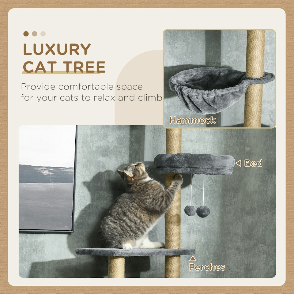 image 1 of PawHut Floor To Ceiling Cat Tree 6-Tier with Scratch Post Bed Hammock Grey