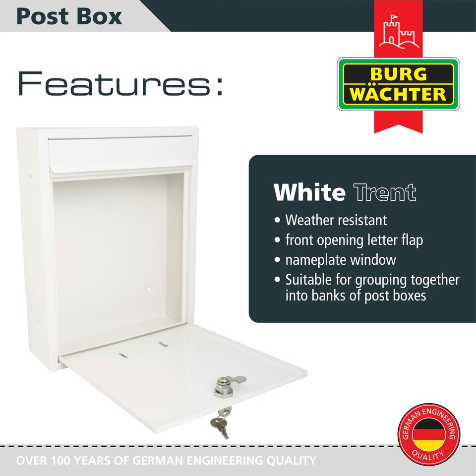image 1 of Burg-Wachter Trent Wall Mounted Galvanised Steel Lockable Post Box - 26x34x9cm White