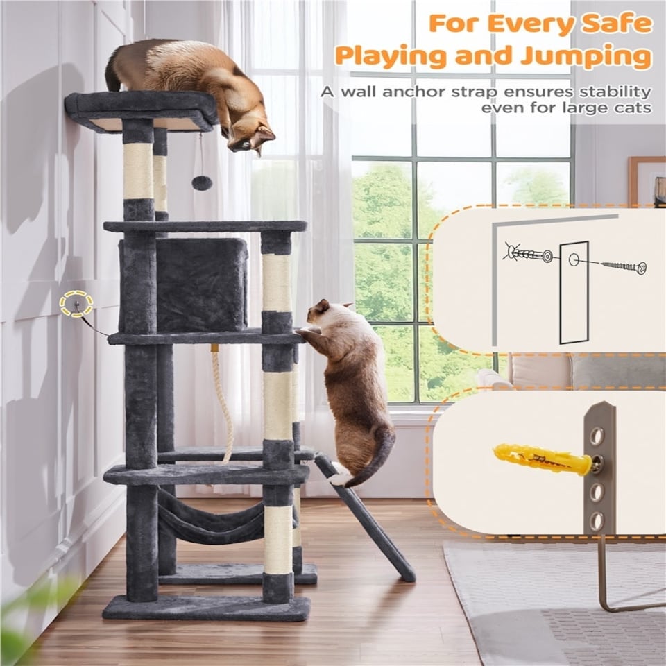 image 1 of Yaheetech Large Cat Tower with Hammock Scratching Posts Dark Grey