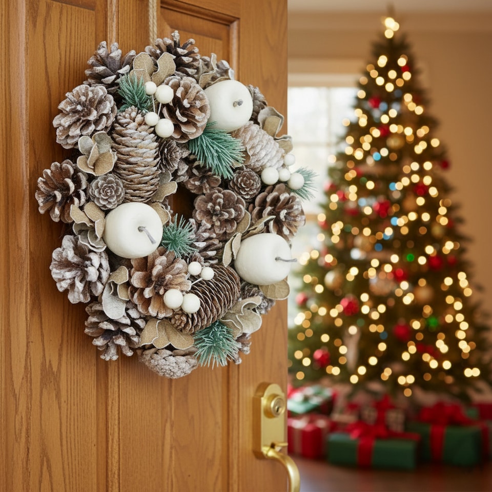 image 1 of Christmas Wreath Festive Decoration with Jute Hanger Traditional Pinecone Decor | Multi | Frosted White | 25cm | 1