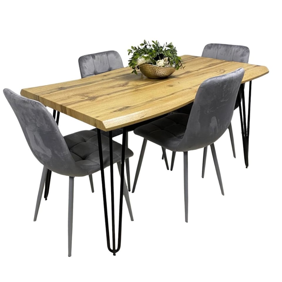 image 1 of Wooden Dining Table with 4 Grey Velvet Chairs, Stylish Dining Room Furniture
