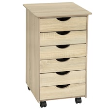 Chest of Drawers - with 6 drawers, made of wood, with 4 wheels, 36 x 40 x 65 cm Brown | Light Oak