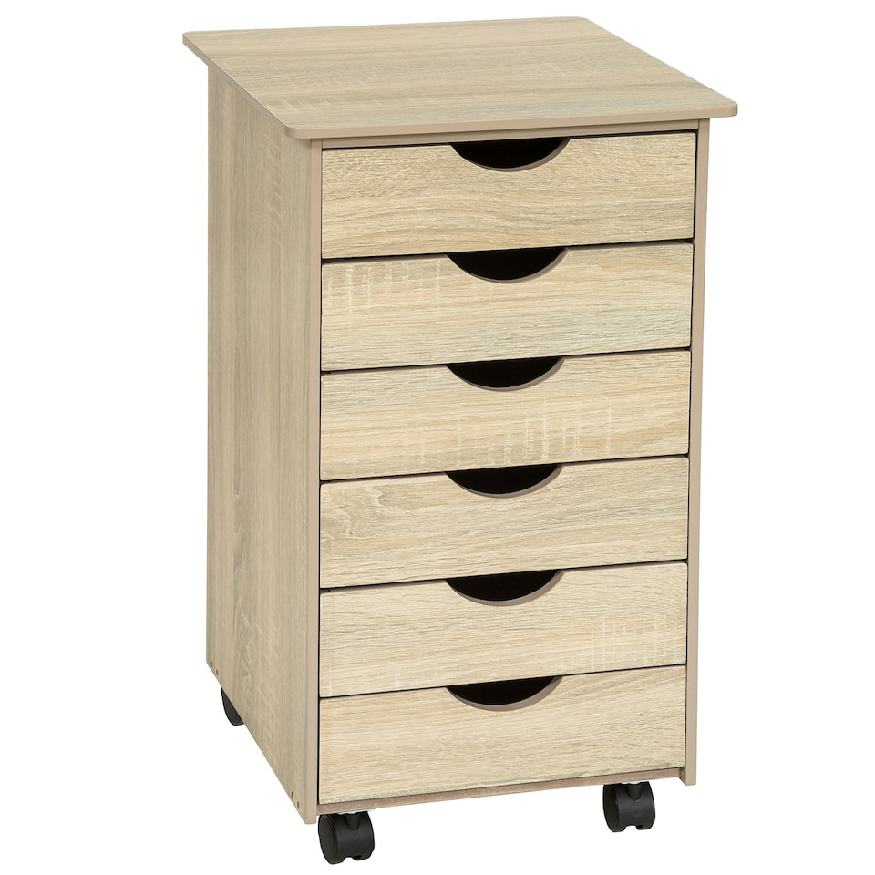 image 1 of Chest of Drawers - with 6 drawers, made of wood, with 4 wheels, 36 x 40 x 65 cm Brown | Light Oak