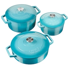 Cooks Professional Set of 3 Cast Iron Casserole Dishes 20, 26 & 28cm | Blue | Teal
