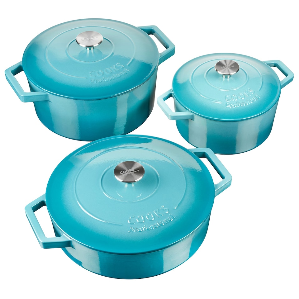 image 1 of Cooks Professional Set of 3 Cast Iron Casserole Dishes 20, 26 & 28cm | Blue | Teal