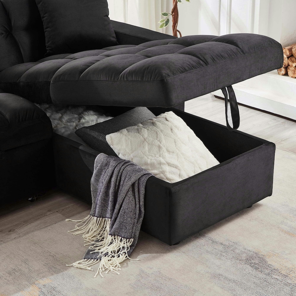 image 1 of Madrid Corner Chaise Lounge L Shape 3 Seater Sofa With With a Reversible Chaise & Pull Out Sofa Bed Black