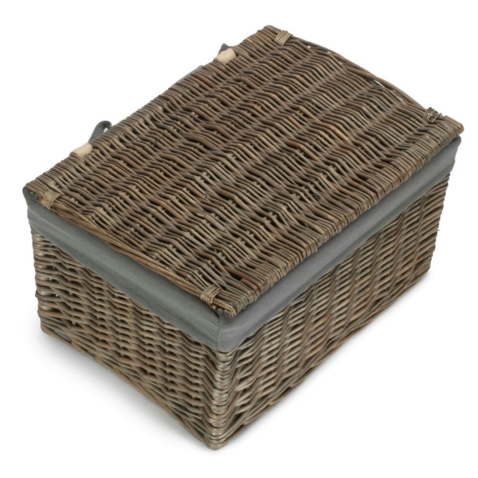image 1 of Antique Wash Finish Storage Hamper with Grey Sage Lining | Brown | Brown | M