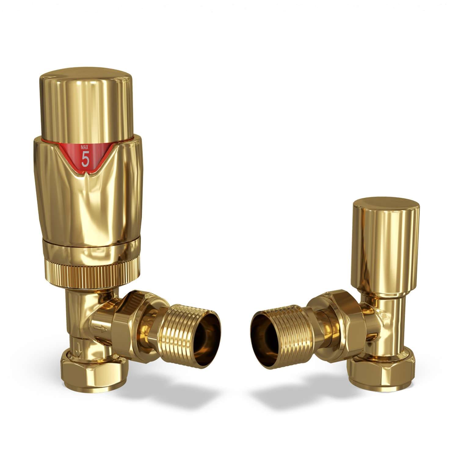 Stirling Bold Thermostatic Radiator Valve & Lockshield Angled - Polished Brass - 15mm