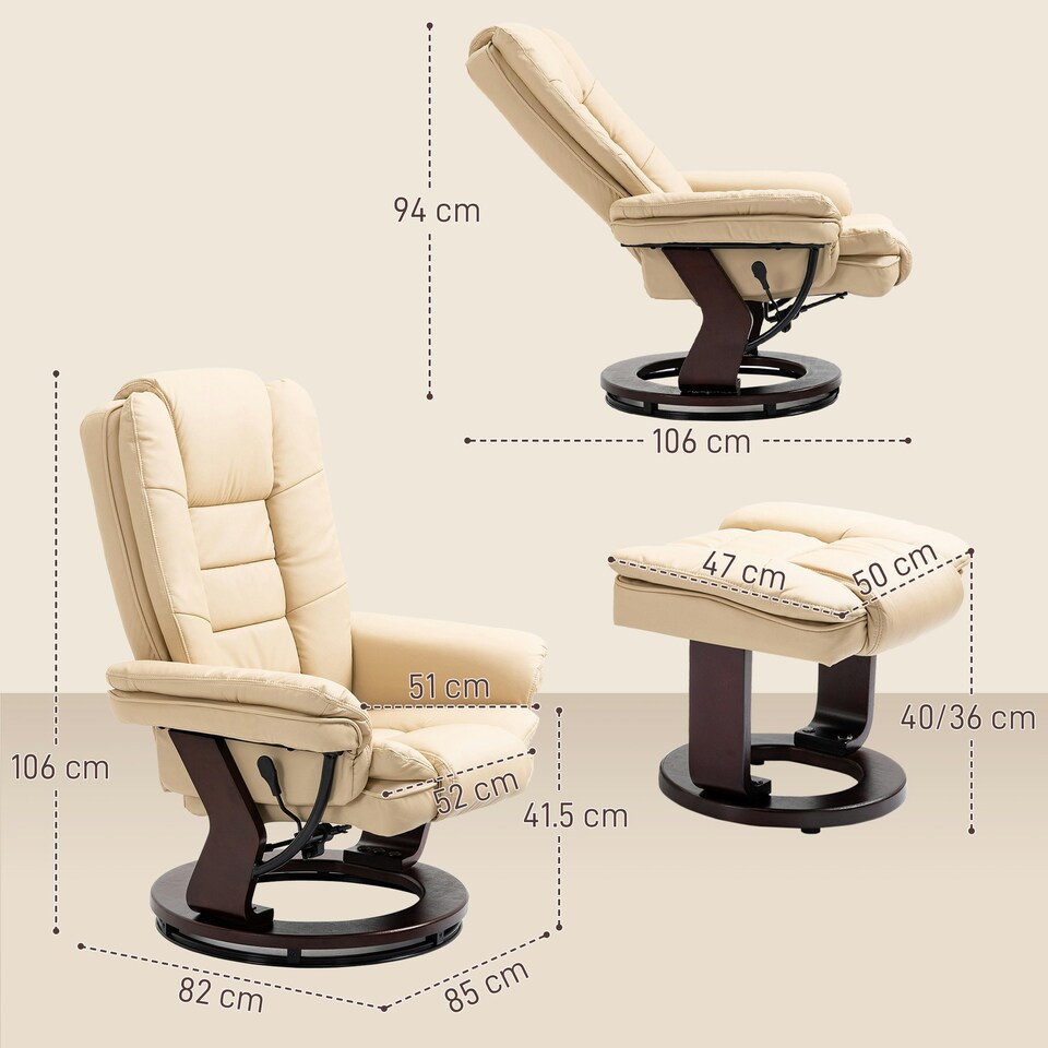 image 1 of HOMCOM Swivel Manual Recliner and Footrest Set PU Leather Lounge Chair Beige