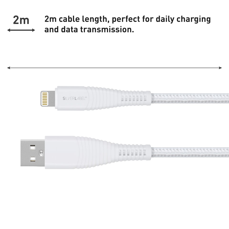image 1 of SilverLabel 2m USB-A to Lighting Braided Cable White