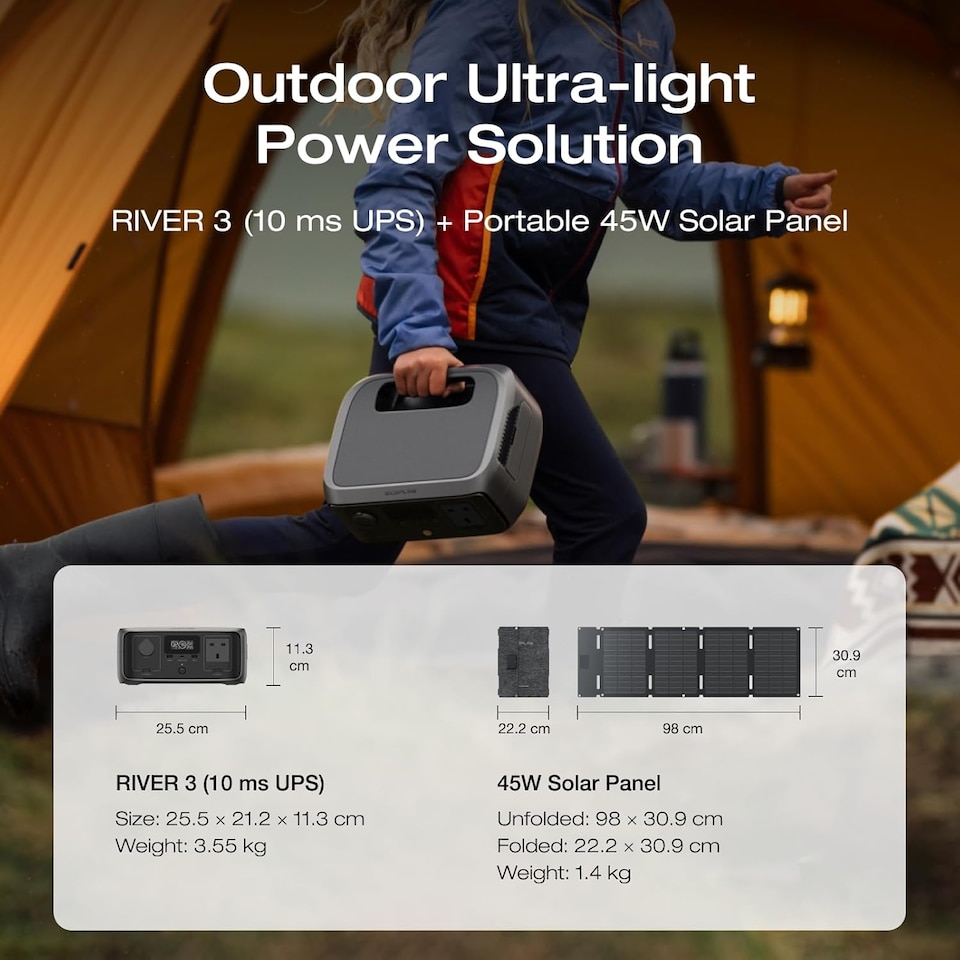 image 1 of EcoFlow River 3 UPS + 45W USB-C Solar panel Bundle Kit with 245wh capacity & 600w max power output
