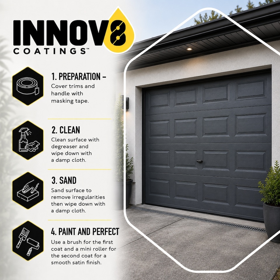 image 1 of Innov8 Coatings Garage Door Paint 750ml – Ruby Red Satin Finish – Exterior Metal Door Paint – Weatherproof & UV Resistant – 10 Year Guarantee