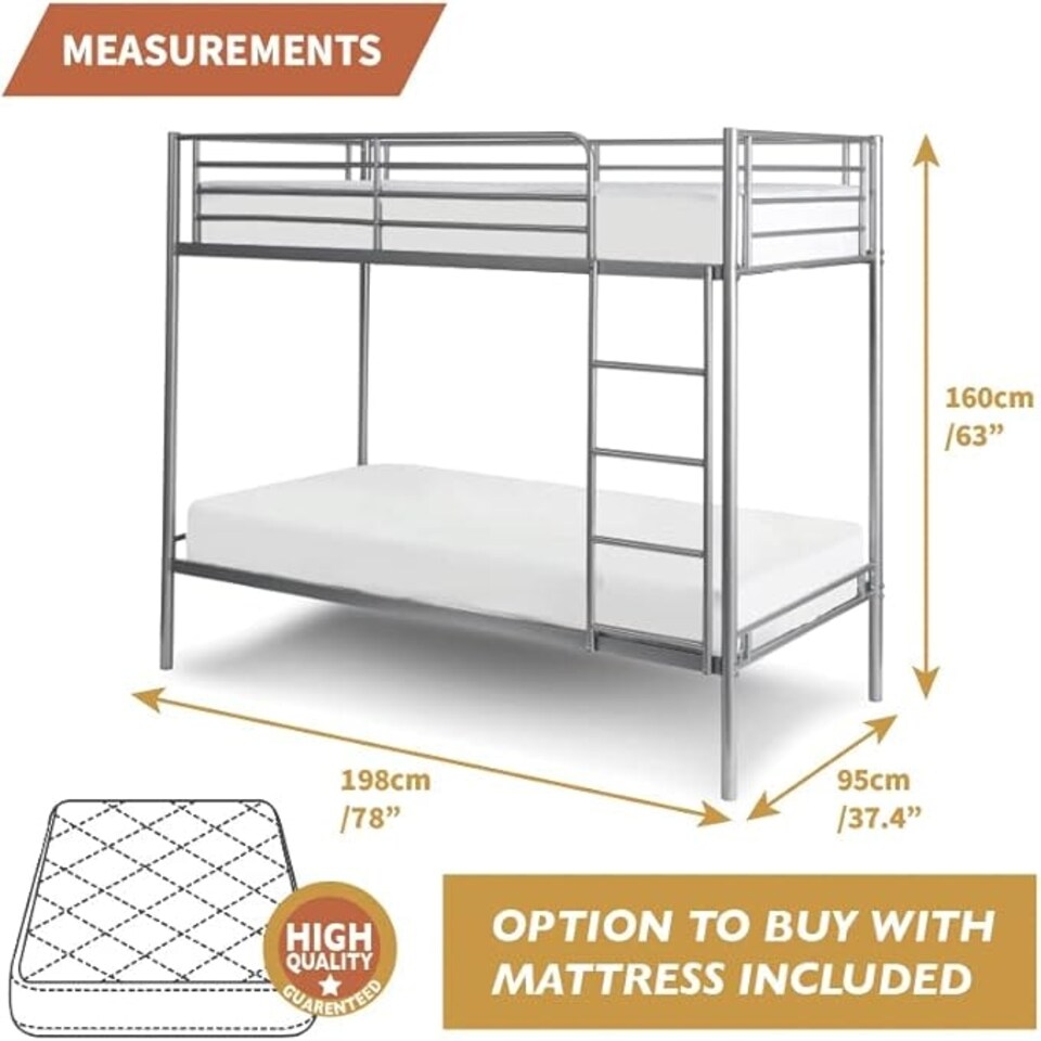image 1 of Single Metal Bunk Bed With 1 x Hybrid Mattress Twin Sleeper Silver Double Bunk