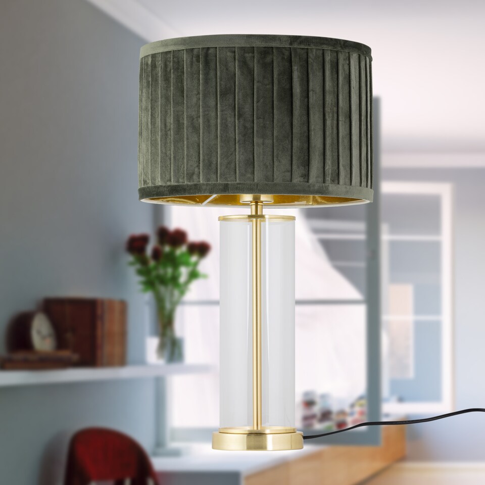image 1 of Aura - Satin Brass Table Lamp with Green Pleated Velvet Shade | Gold | Satin brass plate with clear glass detail and green pleated velvet | 1