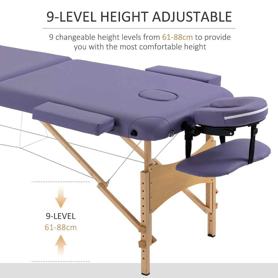 image 1 of HOMCOM Wooden Folding Massage Table w/ 2 Sections, Bag, Purple