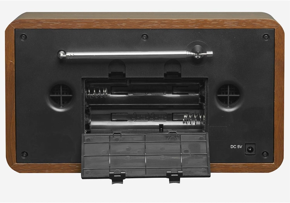 image 1 of Vintage Style Stereo DAB/DAB+ & FM Radio – Grey Wood Cabinet, Bluetooth, Clock Radio Alarm, AUX IN for Smart Phone/Tablet / MP3 Player – Mains or Battery