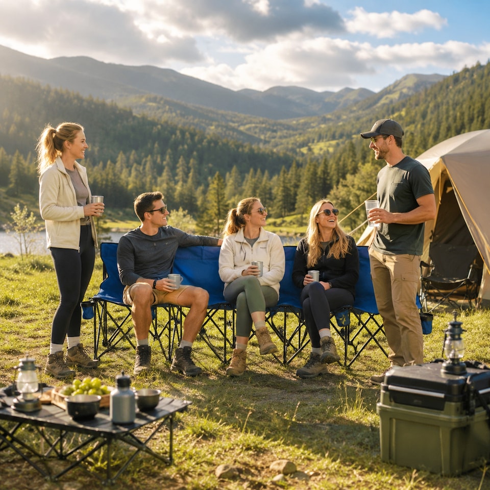 image 1 of Outsunny 6 Seater Folding Bench Camping Chair with Cup Holder, Blue | Blue | Blue