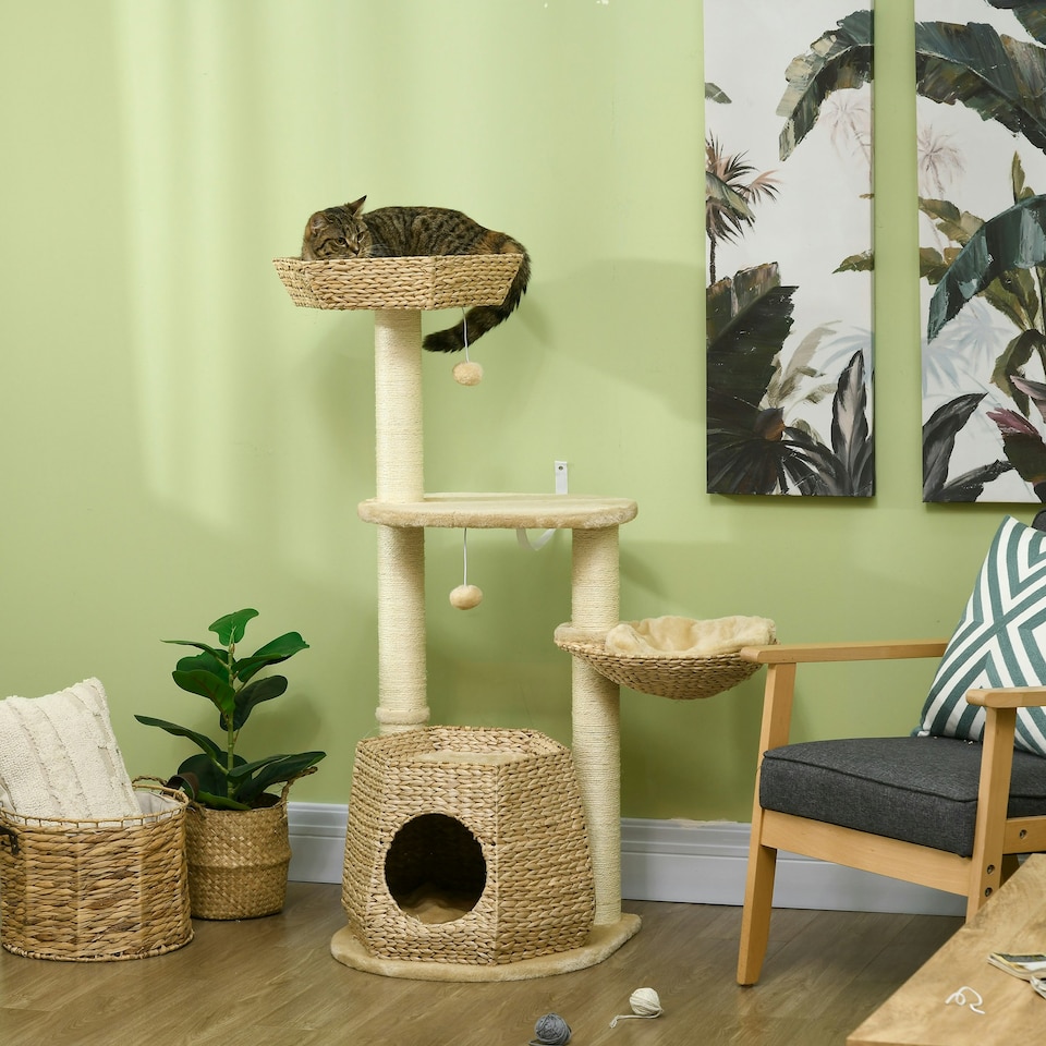 image 1 of PawHut Cat Tree Tower with Cattail Bed, Sisal Post, 119cm, Natural Tone