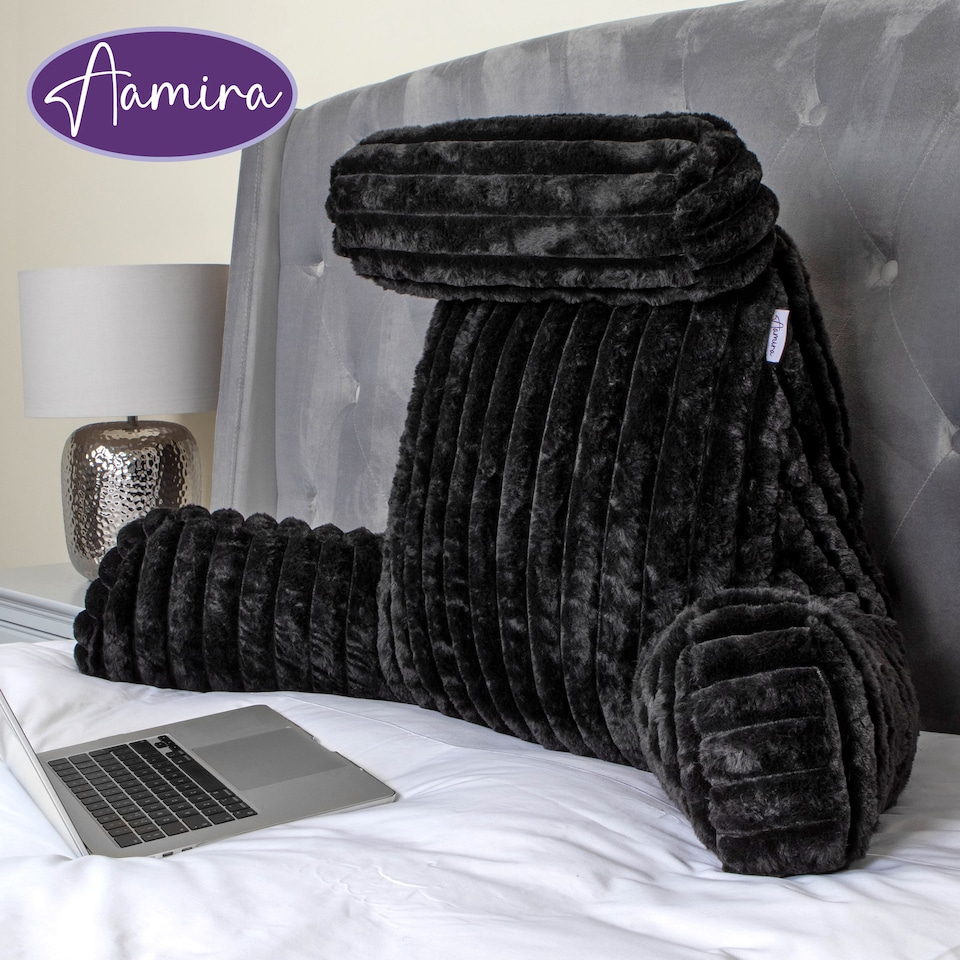 image 1 of Aamira Reading Pillow Black Faux Fur Ribbed Memory Foam Support Cushion | Black | Black | Standard | 1