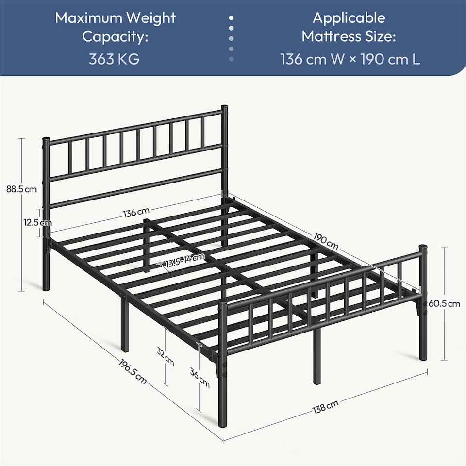 image 1 of Yaheetech 4ft6 Double Metal Bed Frame with Slatted Headboard Black