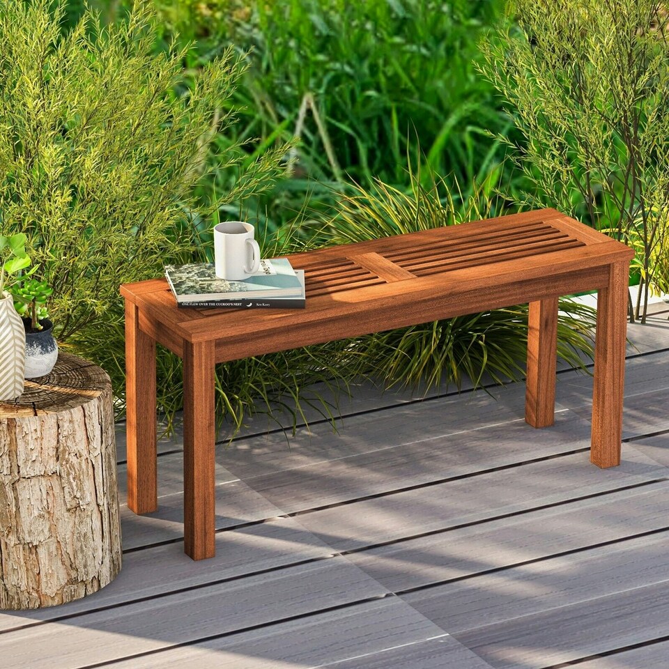 image 1 of COSTWAY Patio Wood Bench 2-Person Solid Wood Dining Bench Brown