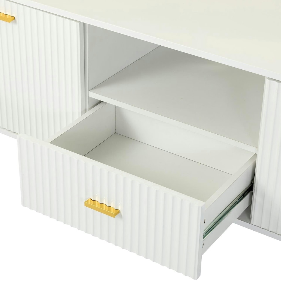 image 1 of White TV Cabinet with Gold Metal Legs and Handles Stylish Media Console with Spacious Storage White