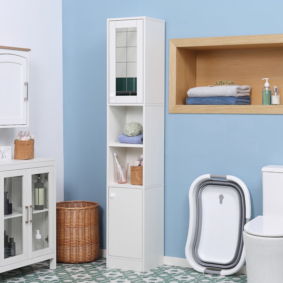 image 1 of kleankin Tall Bathroom Storage Cabinet with Mirror, Narrow Bathroom Unit, Freestanding Bathroom Cupboard with Adjustable Shelves and 2 Doors, White