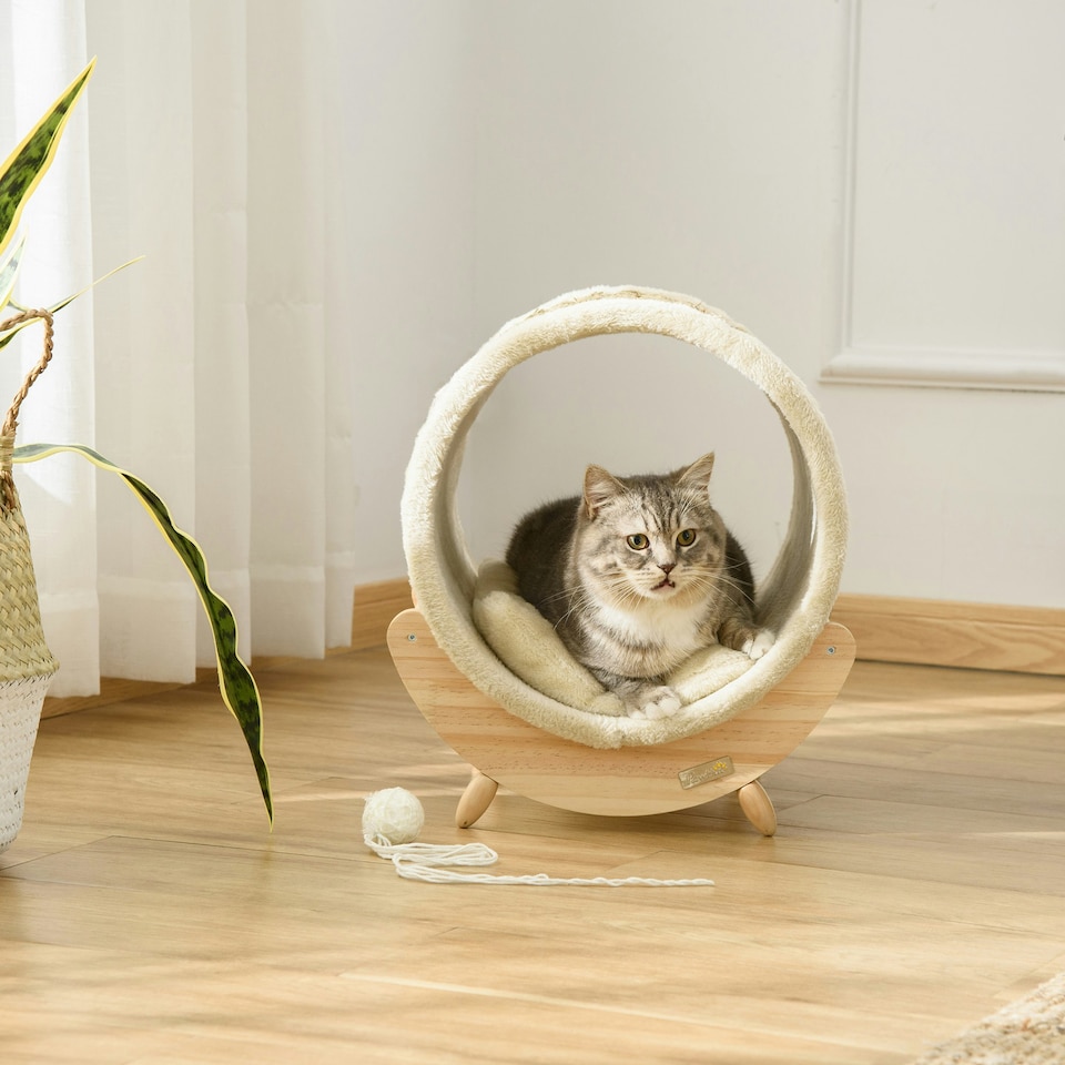 image 1 of PawHut Raised Kitten Bed Pet Shelter w/ Scratcher Cushion, Beige 41 x 38 x 43 cm