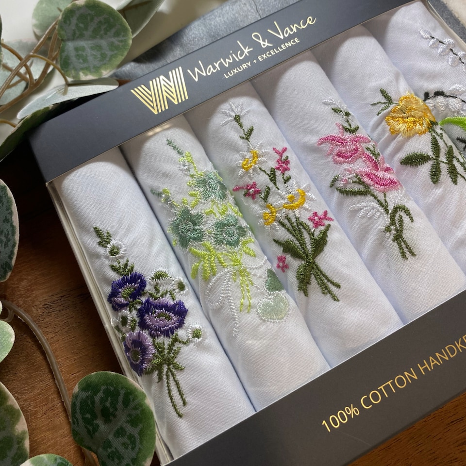 image 1 of Warwick & Vance Pack Of 6 Ladies White Handkerchiefs, Floral Embroidered Collection With Satin Stripe Borders