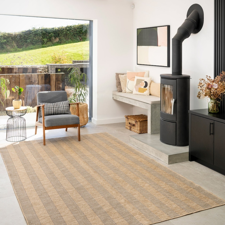image 1 of KUKOON Leni Machine Washable Striped Rug – Modern Beige Jute-Look Area Mat 60cm x 240cm