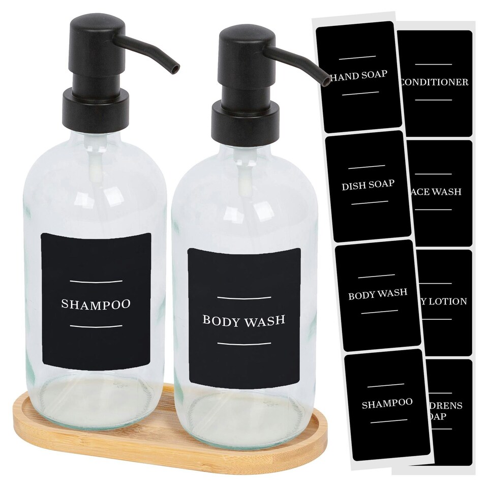 image 1 of Harbour Housewares 2pc Glass Soap Dispenser Set with Bamboo Tray & Labels - 500ml - Clear/Black