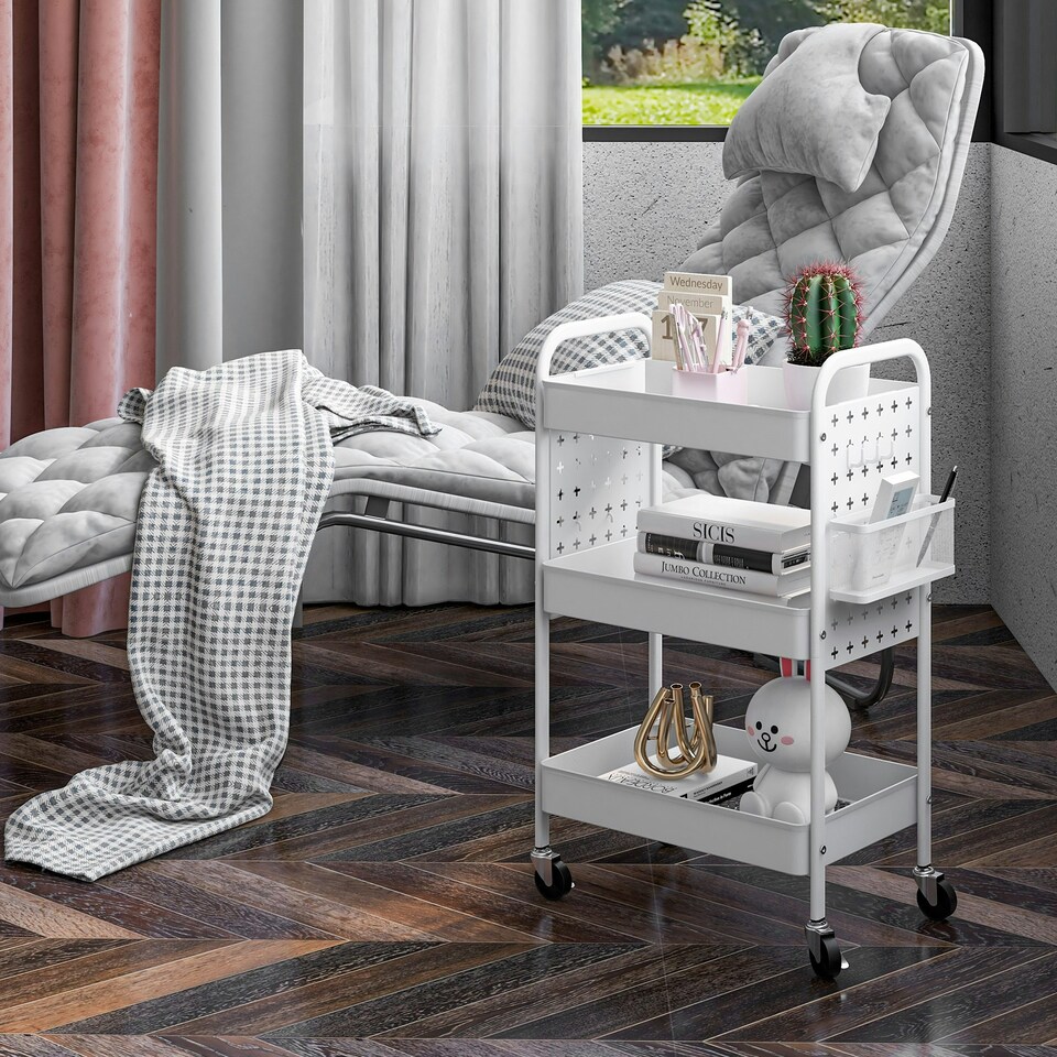 image 1 of HOMCOM Rolling Utility Cart with 3 Mesh Basket, 2 Boxes, 6 Hooks for Kitchen