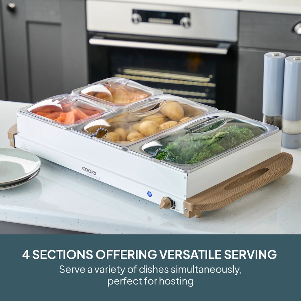 image 1 of Cooks Professional 4-Section Buffet Warmer 7.2L with Hotplate Function | White | Nordic White