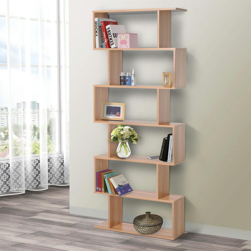 image 1 of HOMCOM 6-Tier Wooden Modern S-Shaped Shelf Storage Unit Home Office Maple Colour
