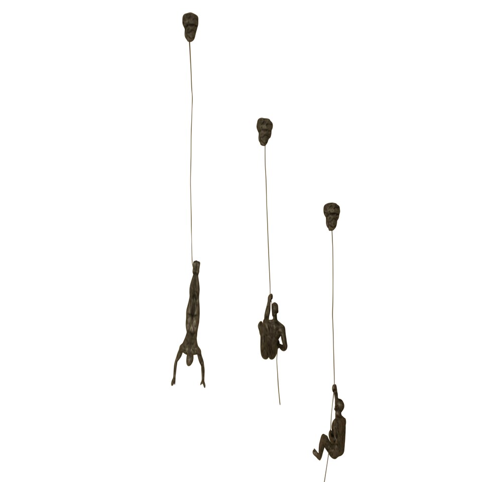 image 1 of Large x3 Bronze Colour Climbing Men With Nail Caps Wall Hanging Ornaments Art Installation Sculptures of Climber Figures on Realistic Metal Wires