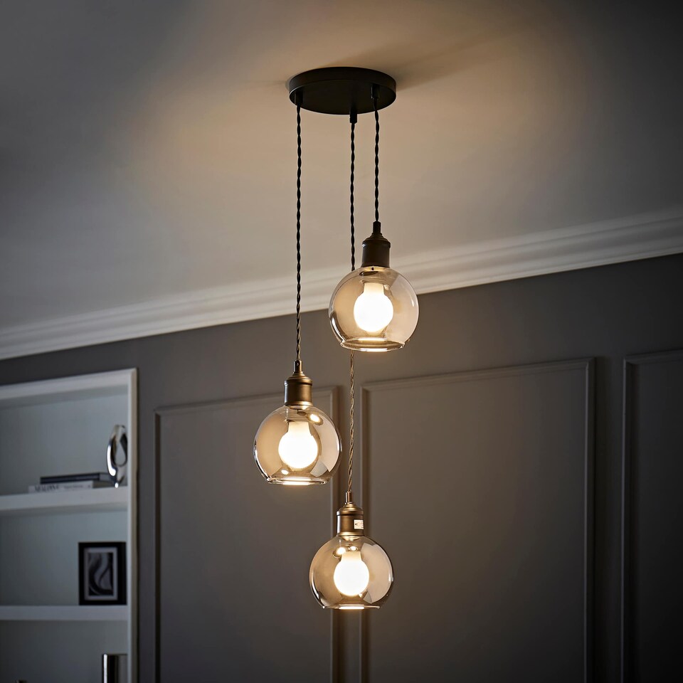 image 1 of ValueLights Bellamy Smoked Glass 3 Drop Cluster Black Pendant Light & Bulbs | Black
