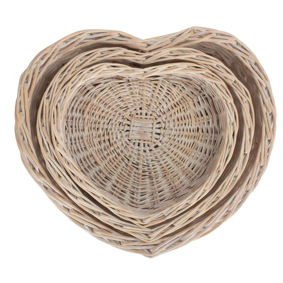 image 1 of White Wash Heart Shaped Wicker Tray Set 3 | White | White | Set of 3