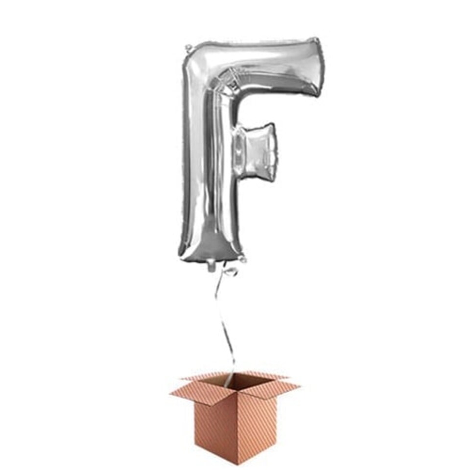 Silver Letter F Helium Foil Giant Balloon - Inflated Balloon in a Box