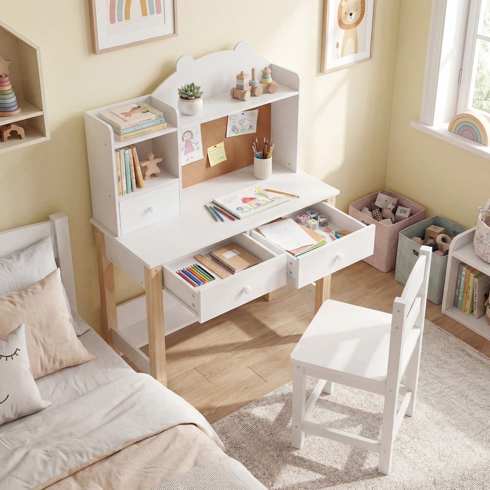 image 1 of COSTWAY Wooden Kids Study Desk and Chair Set