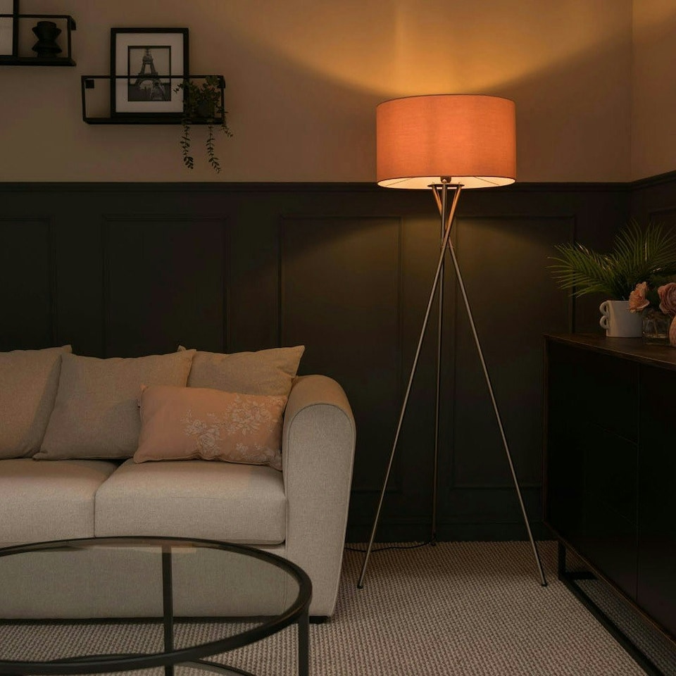 image 1 of ValueLights Camden Brushed Chrome Tripod Floor Lamp Pink Shade and Bulb