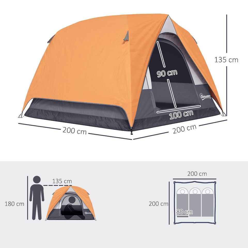 image 1 of Outsunny 3-4 Person Camping Tent, Waterproof Tent Orange | Orange, Grey