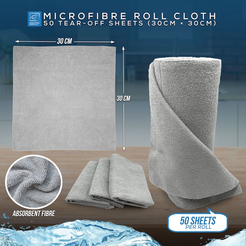 image 1 of Microfibre Cleaning Cloth Roll 30cm x 30cm Easy Tear-Off Lint-Free Wipes - Pack of 50