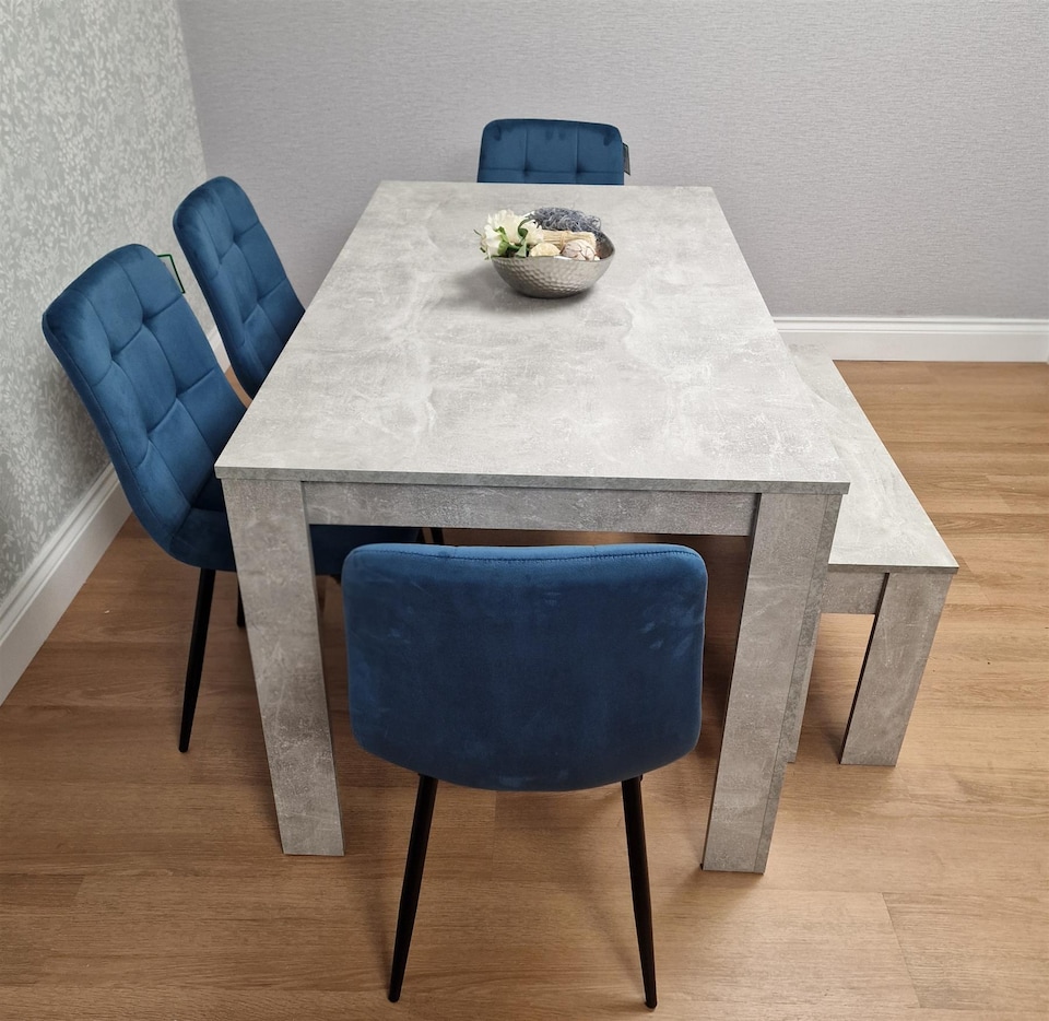 image 1 of Stone Grey Effect Dining Set Table, 4 Blue Velvet Chairs & Bench