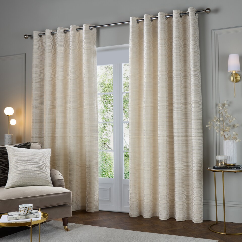 image 1 of Paoletti Jupiter Chenille Jacquard Eyelet Curtain Pair Ivory/Gold (W)229cmx (D)137cm | Cream | Ivory/Gold | One Size