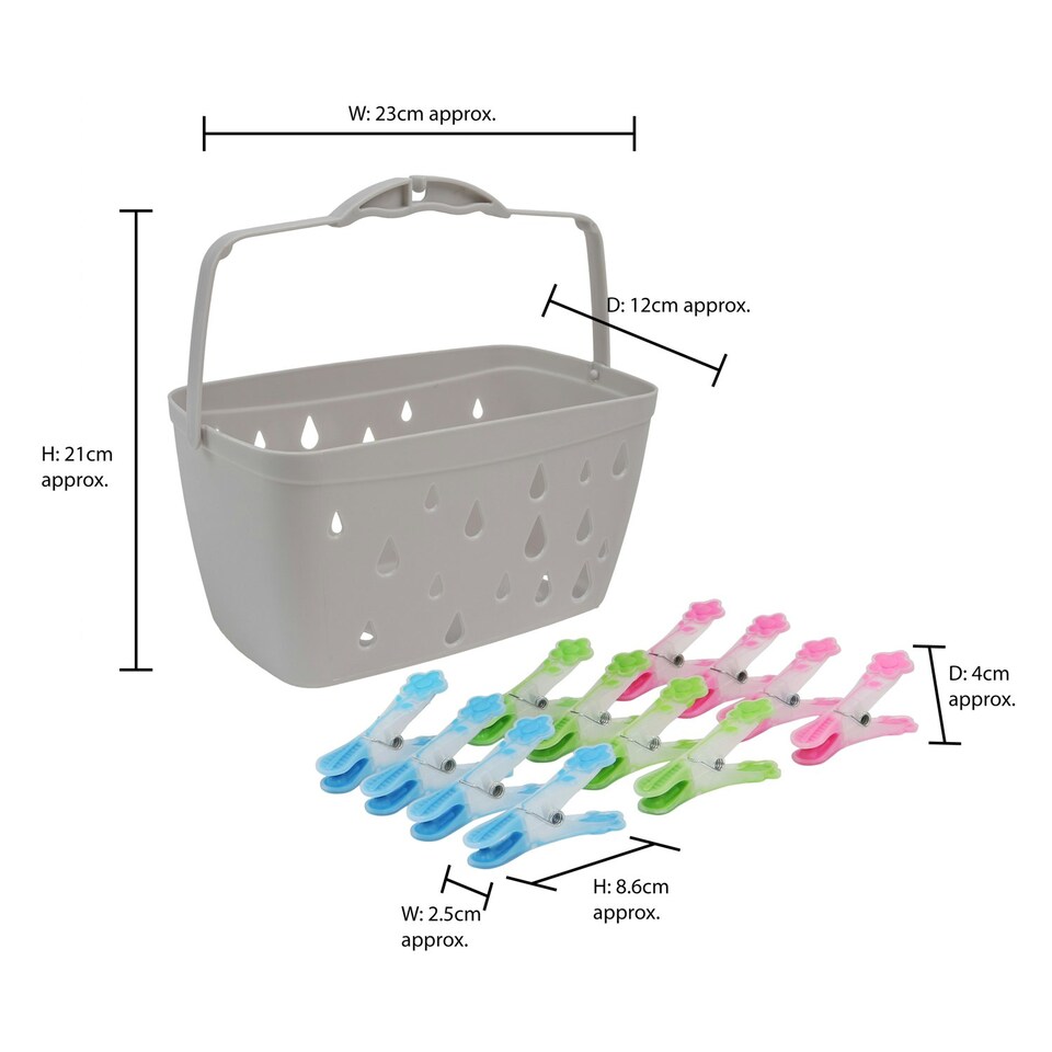 image 1 of JVL Plastic Peg Basket, Grey with 24 Prism Soft Touch Flower Design Plastic Pegs, Multi