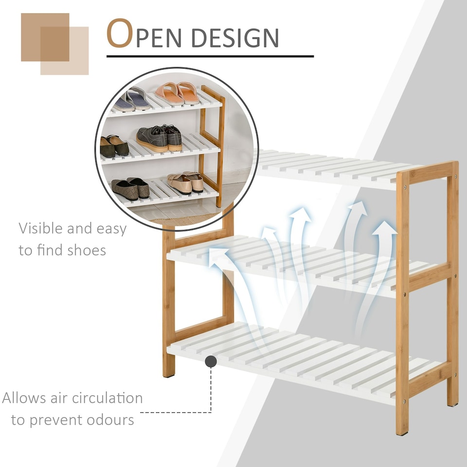 image 1 of HOMCOM 3-Tier Shoe Rack Wood Frame Slatted Shelves Open Storage, Natural